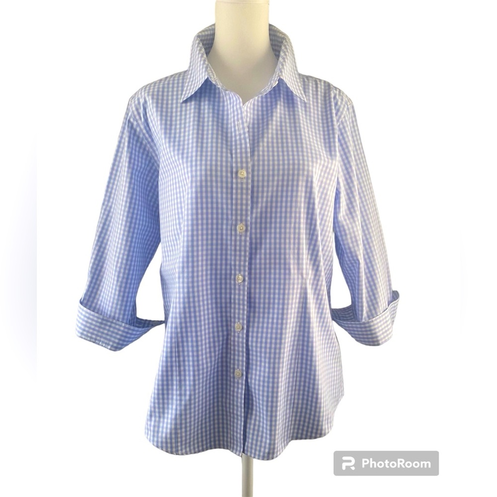 🩵 L.L.Bean Ladies Sz M Wrinkle Resistant Light Blue Gingham 3/4 Sleeved Blouse - Picture 2 of 16